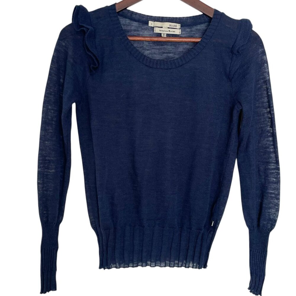 Acote Pullover Sweater Sz 0 / XS Blue Wool Blend Ruffle Shoulder Detail Crewneck
